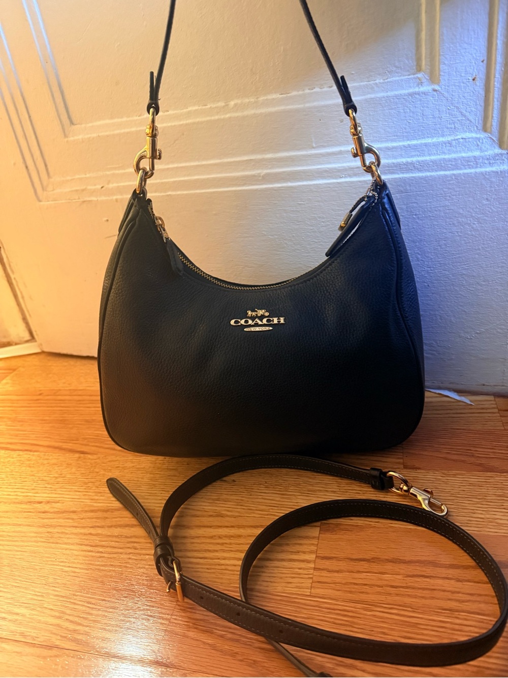 Coach Teri hobo Black Pebbled Leather Shoulder Bag with Gold Hardware